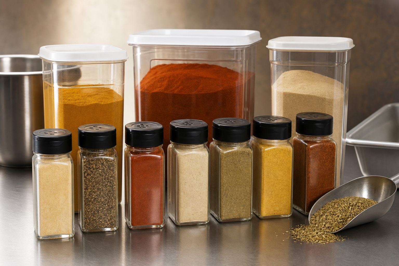 Bulk and food-service spice packs for manufacturing supply