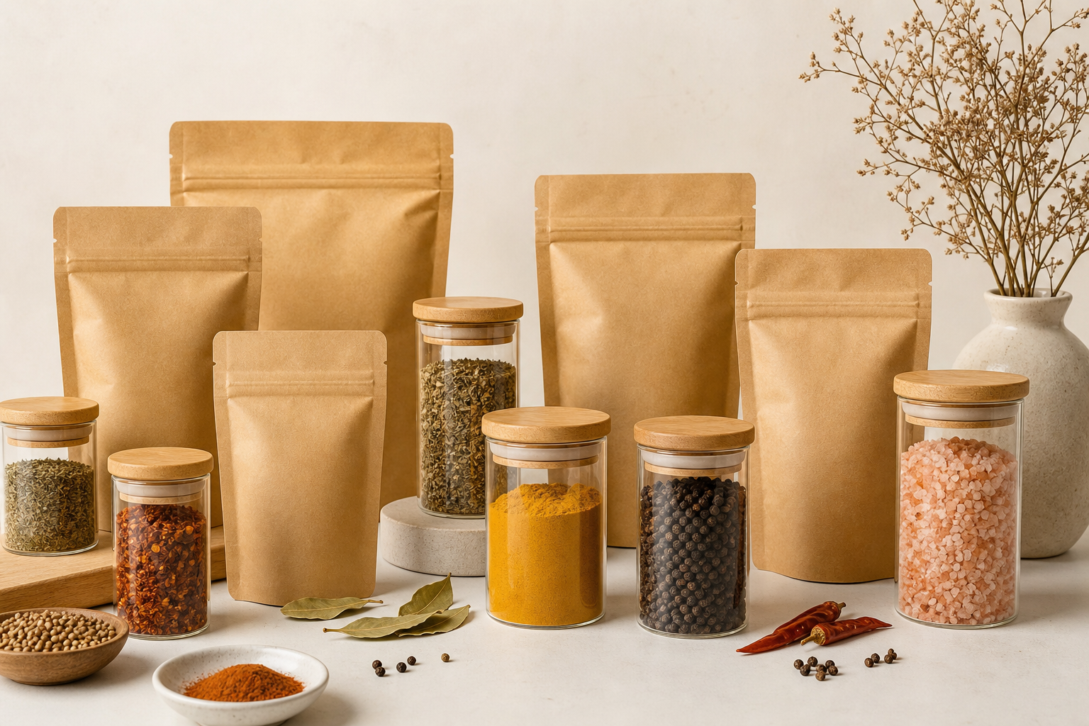 Private-label spice jars and kraft pouches ready for branding