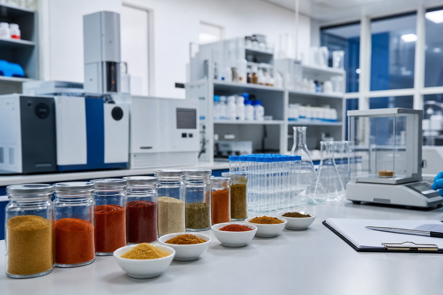 Spice samples under quality laboratory review and testing