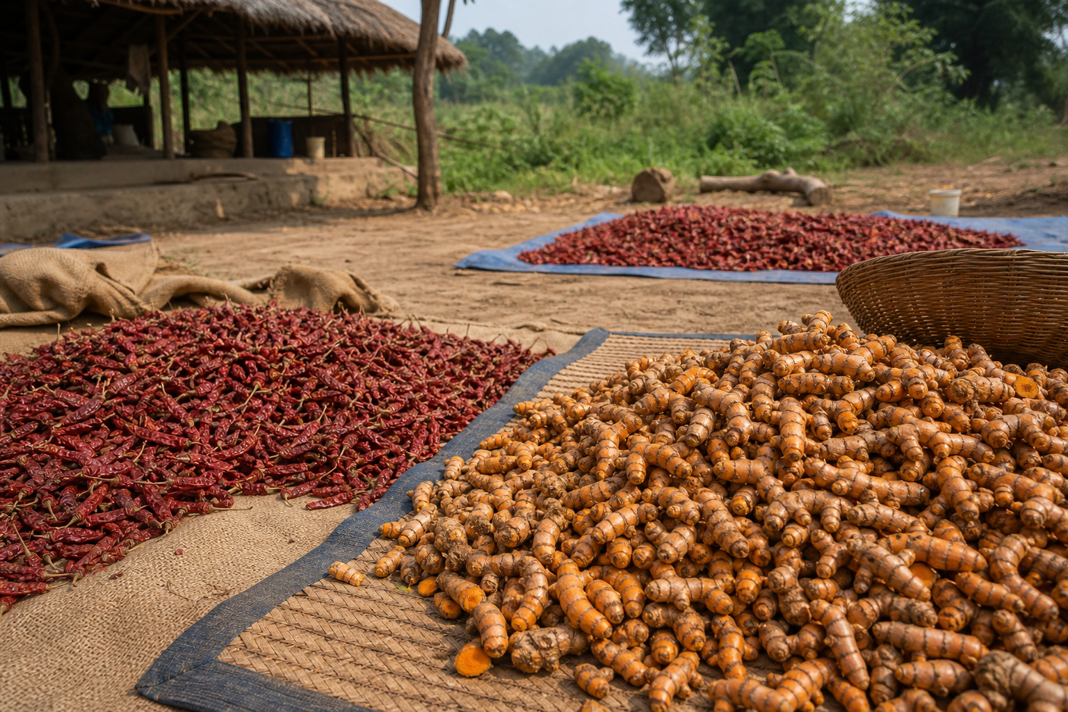 Turmeric and chillies drying at origin for ingredient selection