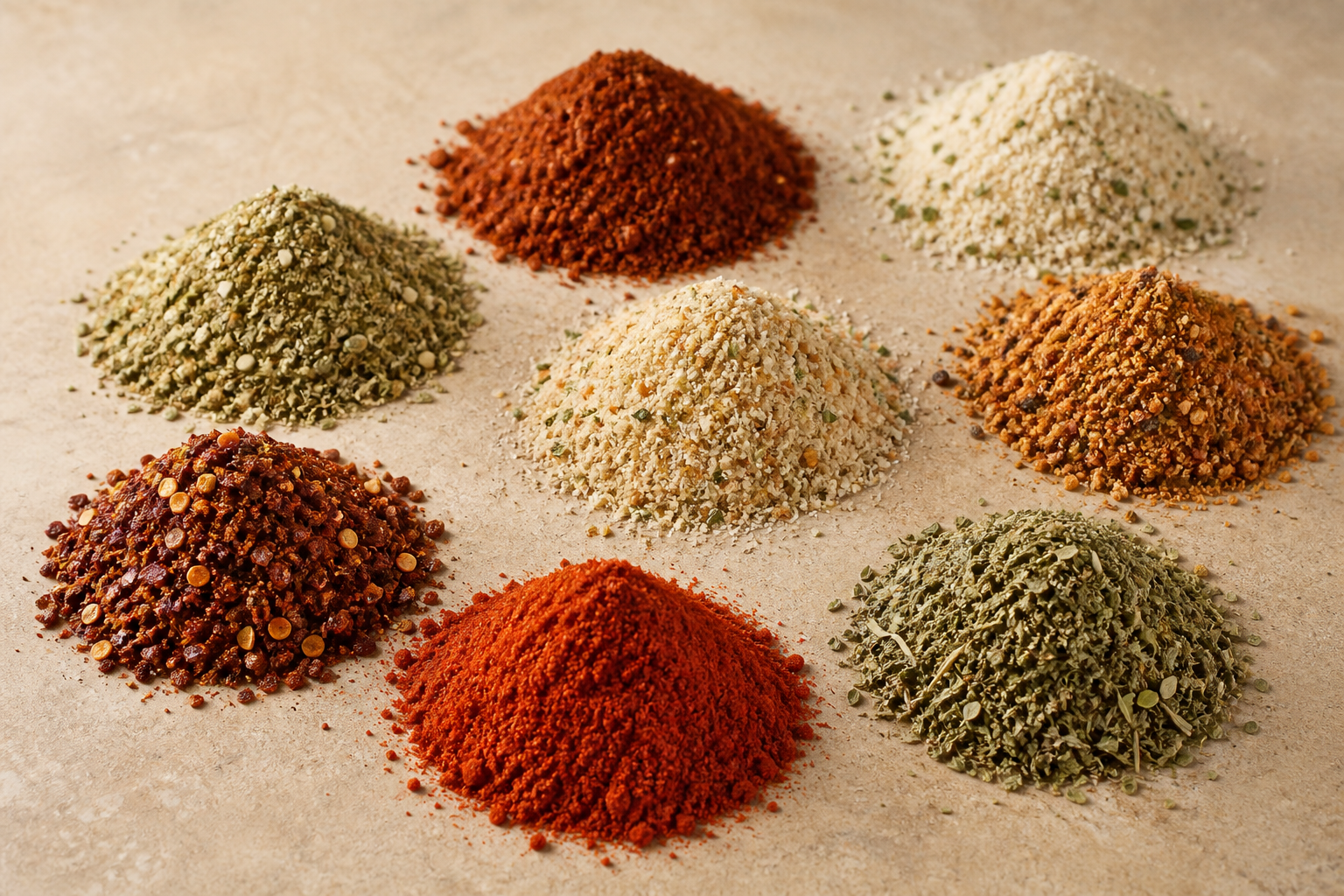Assorted seasoning powders and dried herb piles