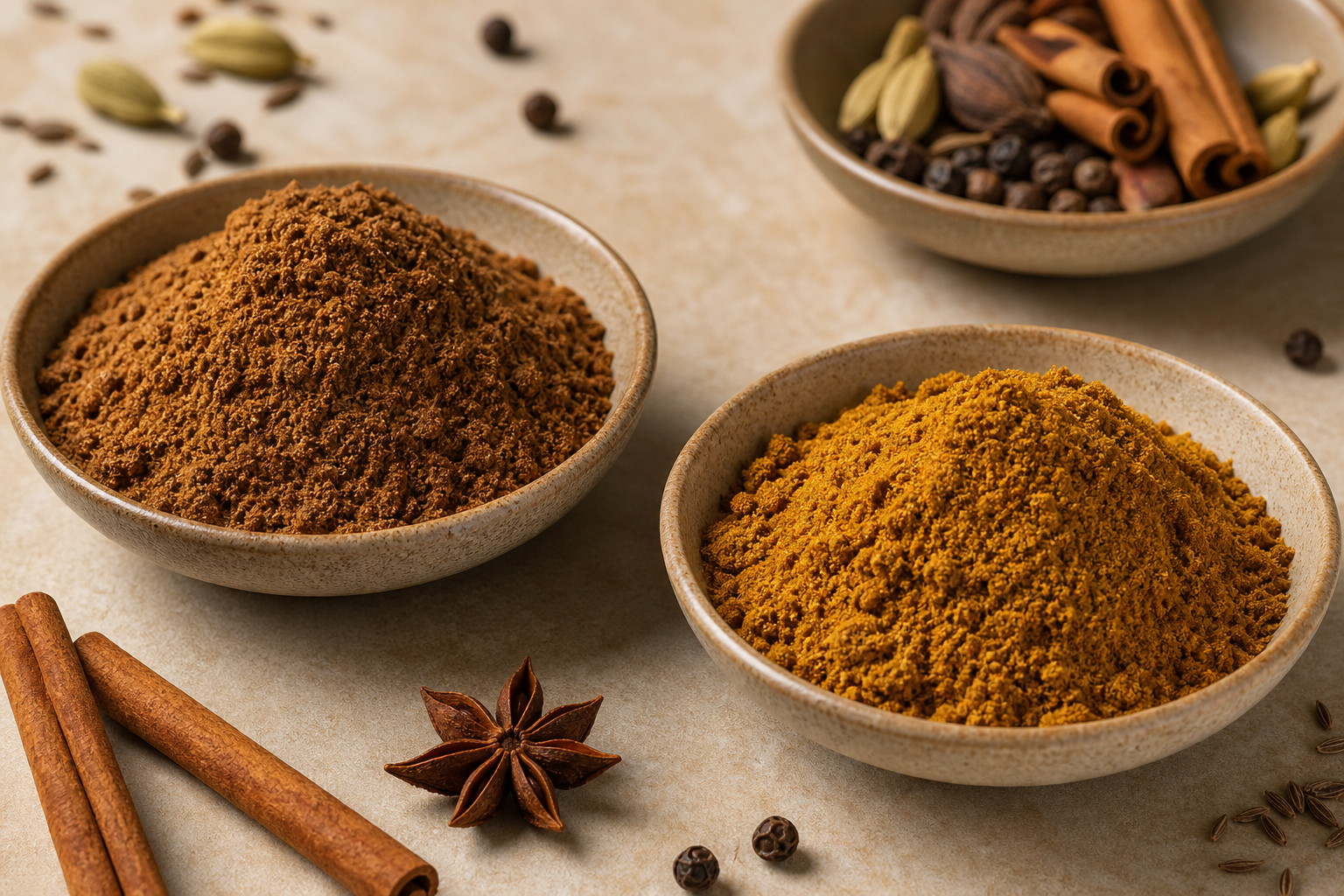 Spice blend bowls with cinnamon, cardamom and star anise