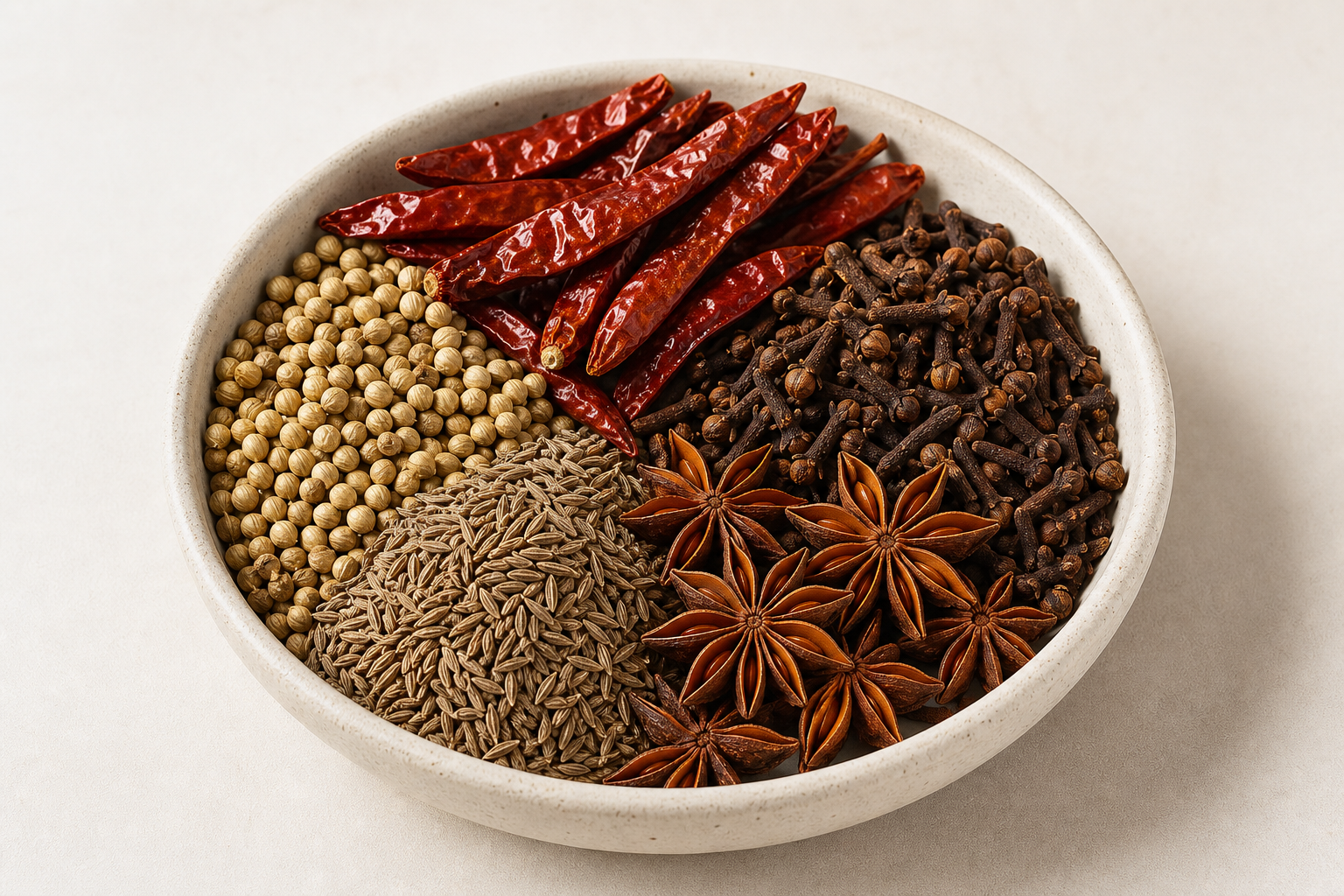 Bowl of whole chillies, coriander, cumin, cloves and star anise